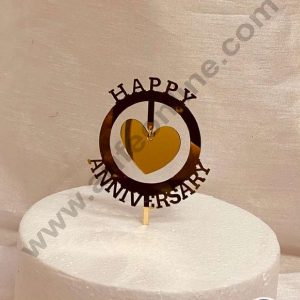CAKE DECOR™ 5 inch Acrylic Happy Anniversary Round Frame with Hanging Heart Cutout Cake Topper Cake Decoration Dessert Decoration (SBMT-2019)