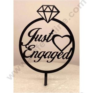 CAKE DECOR™ 5 inch Black Acrylic Just Engaged with Heart in Ring Cutout Cake Topper Cake Decoration Dessert Decoration (SBMT-3034-B)