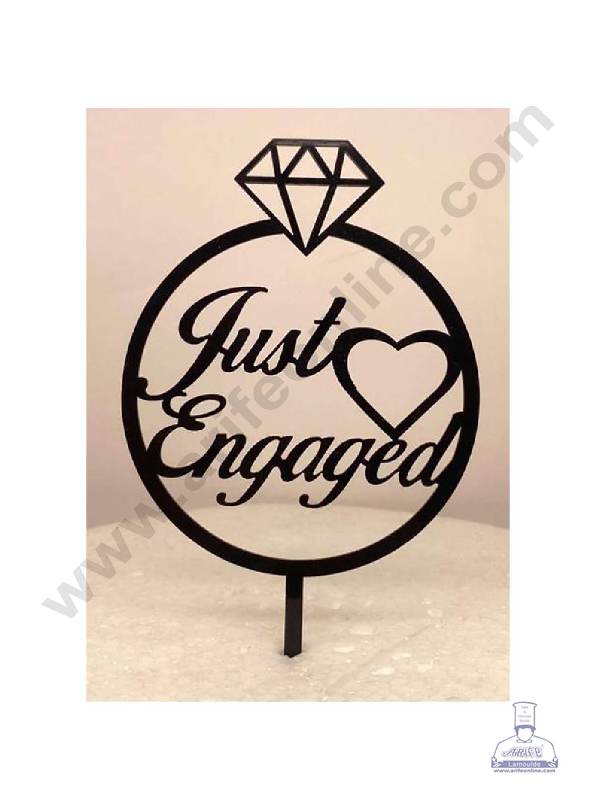 CAKE DECOR™ 5 inch Black Acrylic Just Engaged with Heart in Ring Cutout Cake Topper Cake Decoration Dessert Decoration (SBMT-3034-B)