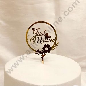 CAKE DECOR™ 5 inch Acrylic Just Married with Heart & Flower Cutout Round Frame Cake Topper Cake Decoration (SBMT-3049)