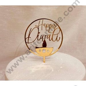 CAKE DECOR™ 5 inch Acrylic Simple Happy Diwali with Diya Cutout in Round Frame Cake Topper Cake Decoration Dessert Decoration (SBMT-5001)