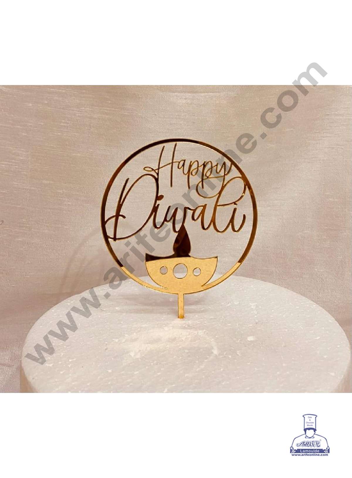CAKE DECOR™ 5 inch Acrylic Simple Happy Diwali with Diya Cutout in Round Frame Cake Topper Cake Decoration Dessert Decoration (SBMT-5001)