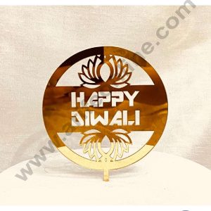 CAKE DECOR™ 5 inch Acrylic Happy Diwali with Lotus Flower Cutout in Round Frame Cake Topper Cake Decoration Dessert Decoration (SBMT-5006)
