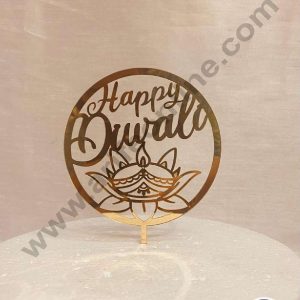 CAKE DECOR™ 5 inch Acrylic Happy Diwali with Lotus Diya Cutout in Round Frame Cake Topper Cake Decoration Dessert Decoration (SBMT-5011)