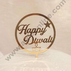 CAKE DECOR™ 5 inch Acrylic Happy Diwali with Star & Diya Cutout in Round Frame Cake Topper Cake Decoration Dessert Decoration (SBMT-5014)