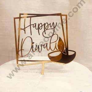 CAKE DECOR™ 5 inch Acrylic Happy Diwali with Diya Cutout in Double Square Frame Cake Topper Cake Decoration Dessert Decoration (SBMT-5017)