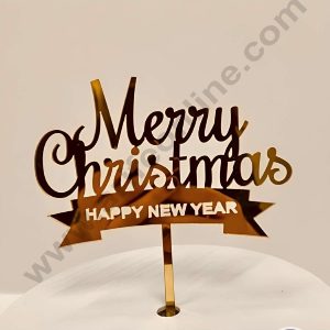 CAKE DECORβ’ 5 inch Acrylic Merry Christmas with Happy New Year in Ribbon Cutout Cake Topper Cake Decoration (SBMT-6014)