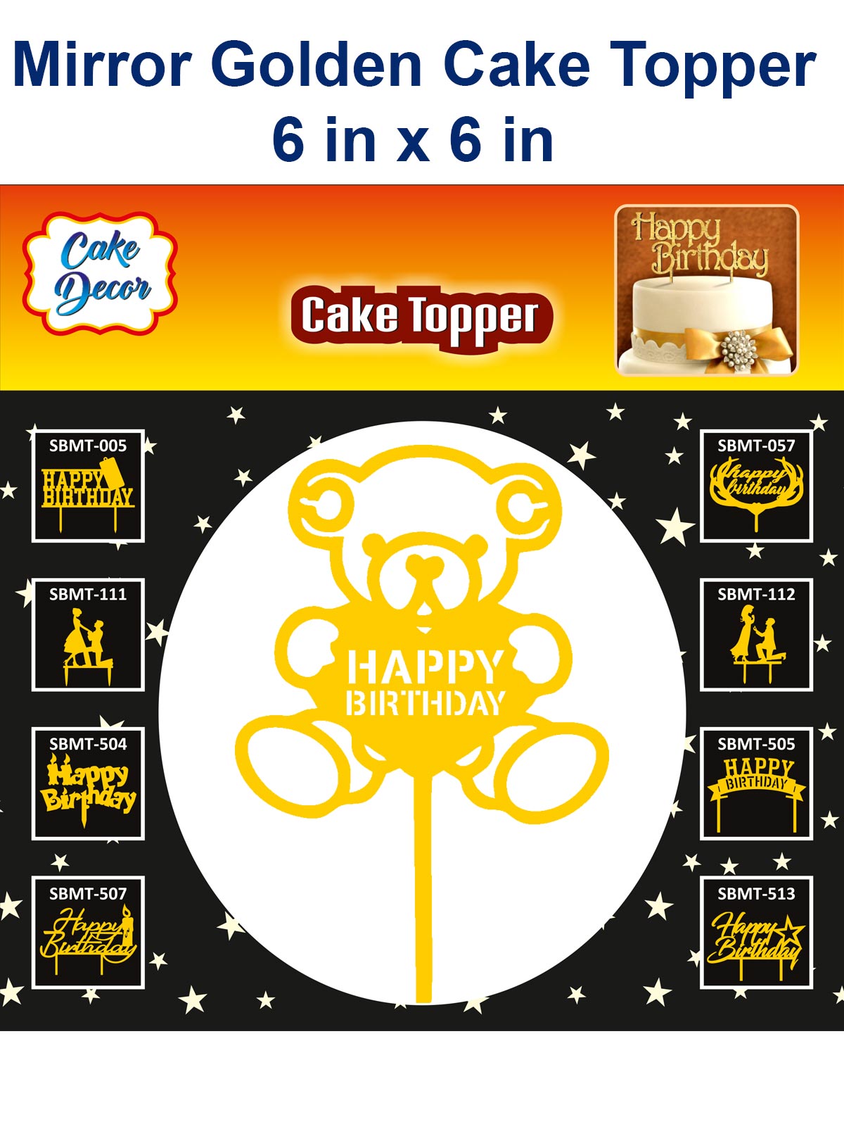 Cake Decor 6 inch Mirror Finshing Acrylic Cake Topper Happy Birthday with Teddy