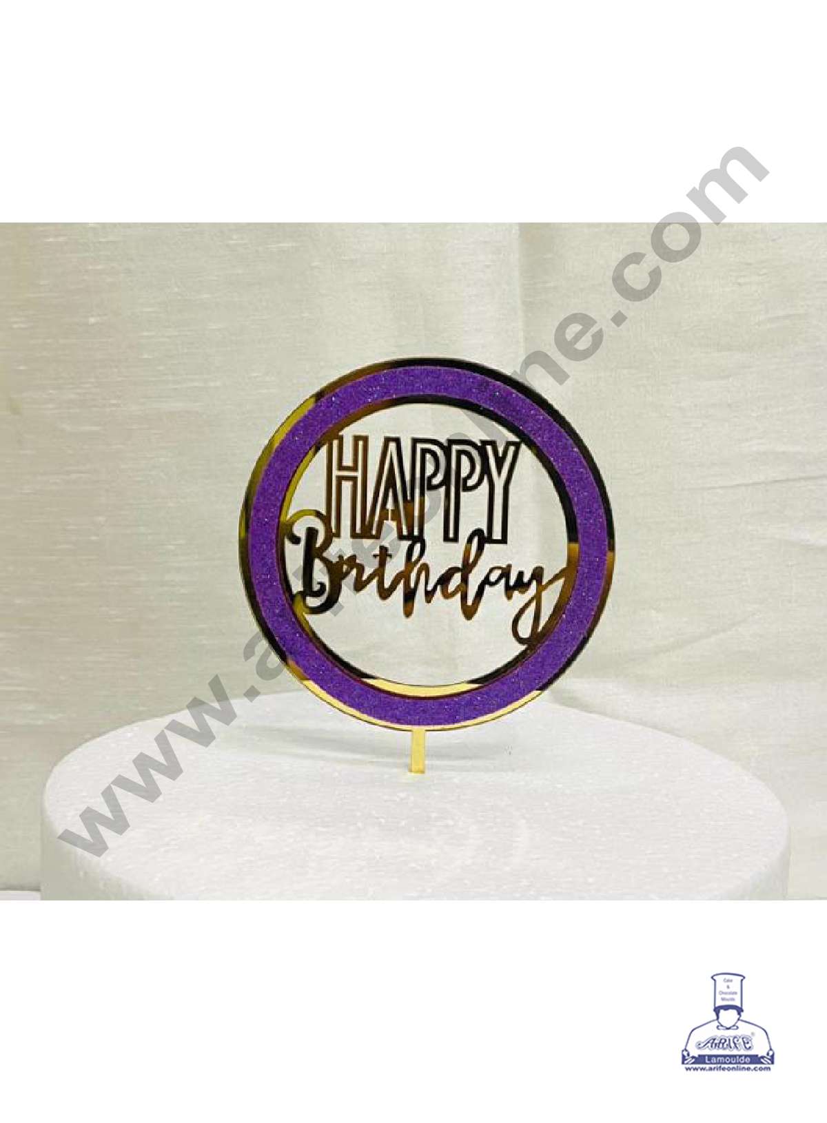 CAKE DECOR™ 5 inch Acrylic Happy Birthday with Purple Glitter Round Frame Cake Topper Cake Decoration Dessert Decoration (SBMT-G-4001)