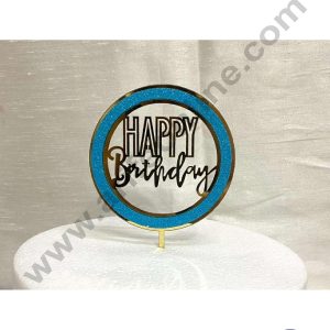 CAKE DECOR™ 5 inch Acrylic Happy Birthday with Light Blue Glitter Round Frame Cake Topper Cake Decoration Dessert Decoration (SBMT-G-4002)
