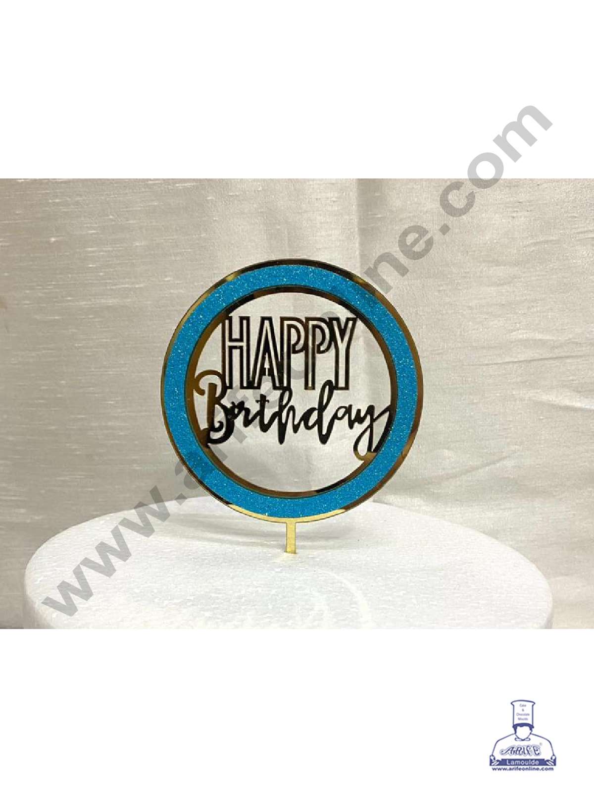 CAKE DECOR™ 5 inch Acrylic Happy Birthday with Light Blue Glitter Round Frame Cake Topper Cake Decoration Dessert Decoration (SBMT-G-4002)