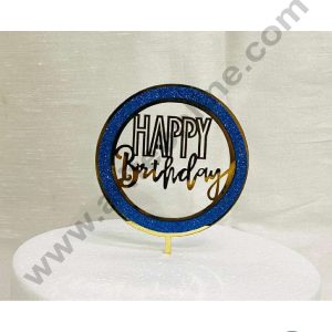 CAKE DECOR™ 5 inch Acrylic Happy Birthday with Dark Blue Glitter Round Frame Cake Topper Cake Decoration Dessert Decoration (SBMT-G-4003)