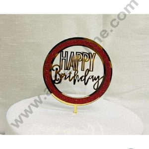 CAKE DECOR™ 5 inch Acrylic Happy Birthday with Red Glitter Round Frame Cake Topper Cake Decoration Dessert Decoration (SBMT-G-4004)