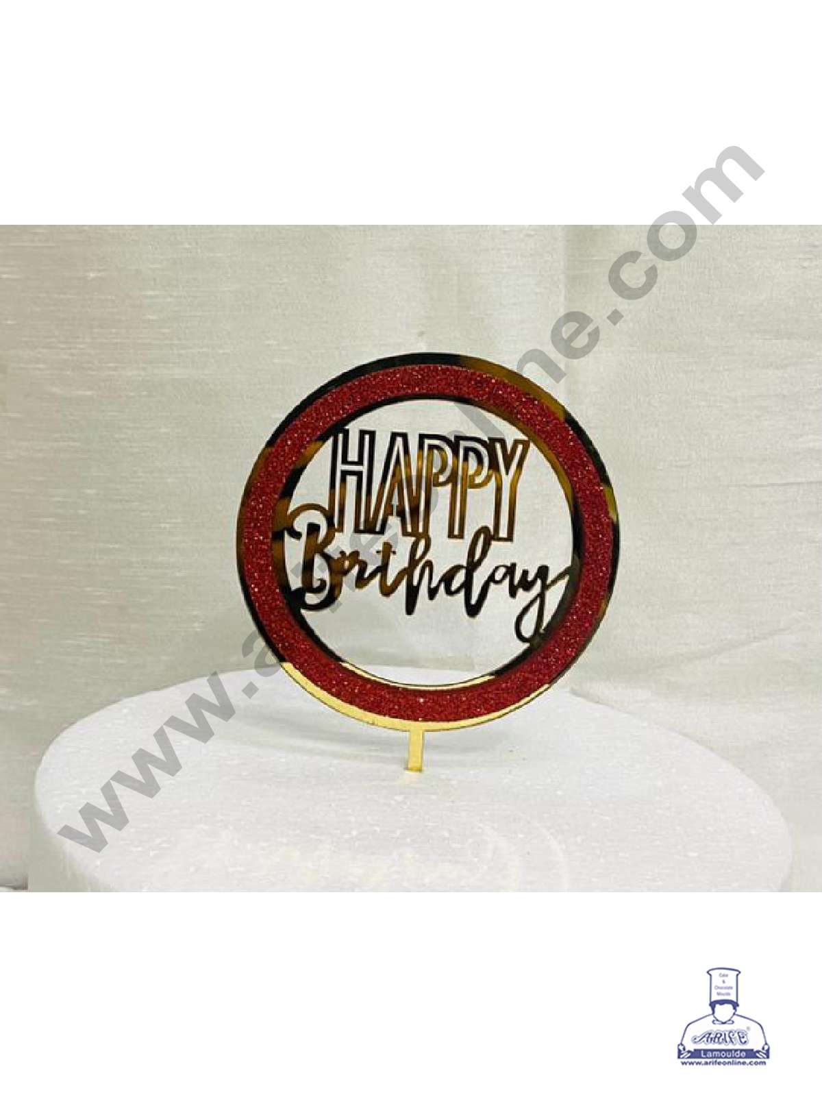 CAKE DECOR™ 5 inch Acrylic Happy Birthday with Red Glitter Round Frame Cake Topper Cake Decoration Dessert Decoration (SBMT-G-4004)