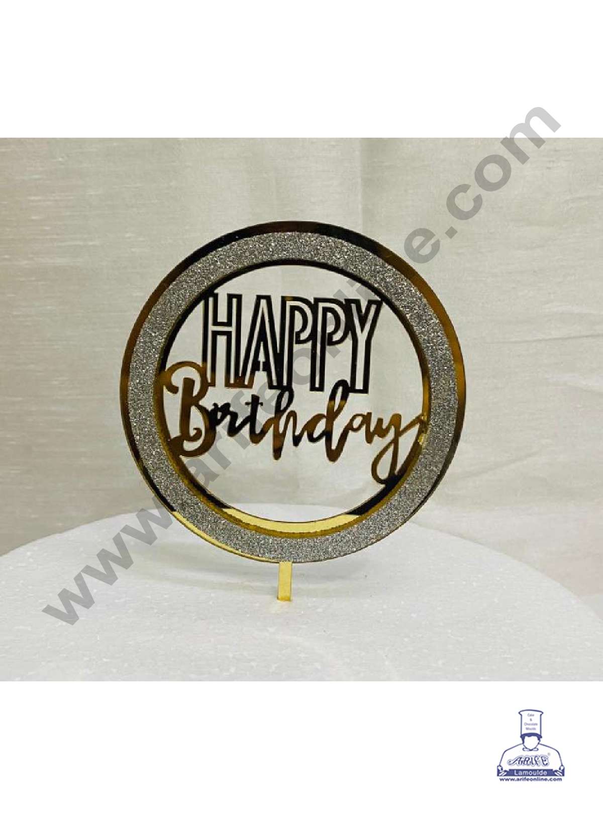 CAKE DECOR™ 5 inch Acrylic Happy Birthday with Silver Glitter Round Frame Cake Topper Cake Decoration Dessert Decoration (SBMT-G-4005)