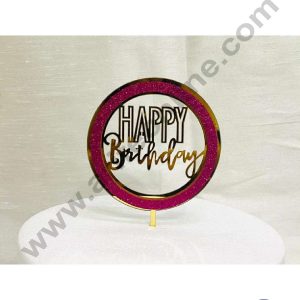 CAKE DECOR™ 5 inch Acrylic Happy Birthday with Pink Glitter Round Frame Cake Topper Cake Decoration Dessert Decoration ( SBMT-G-4006 )