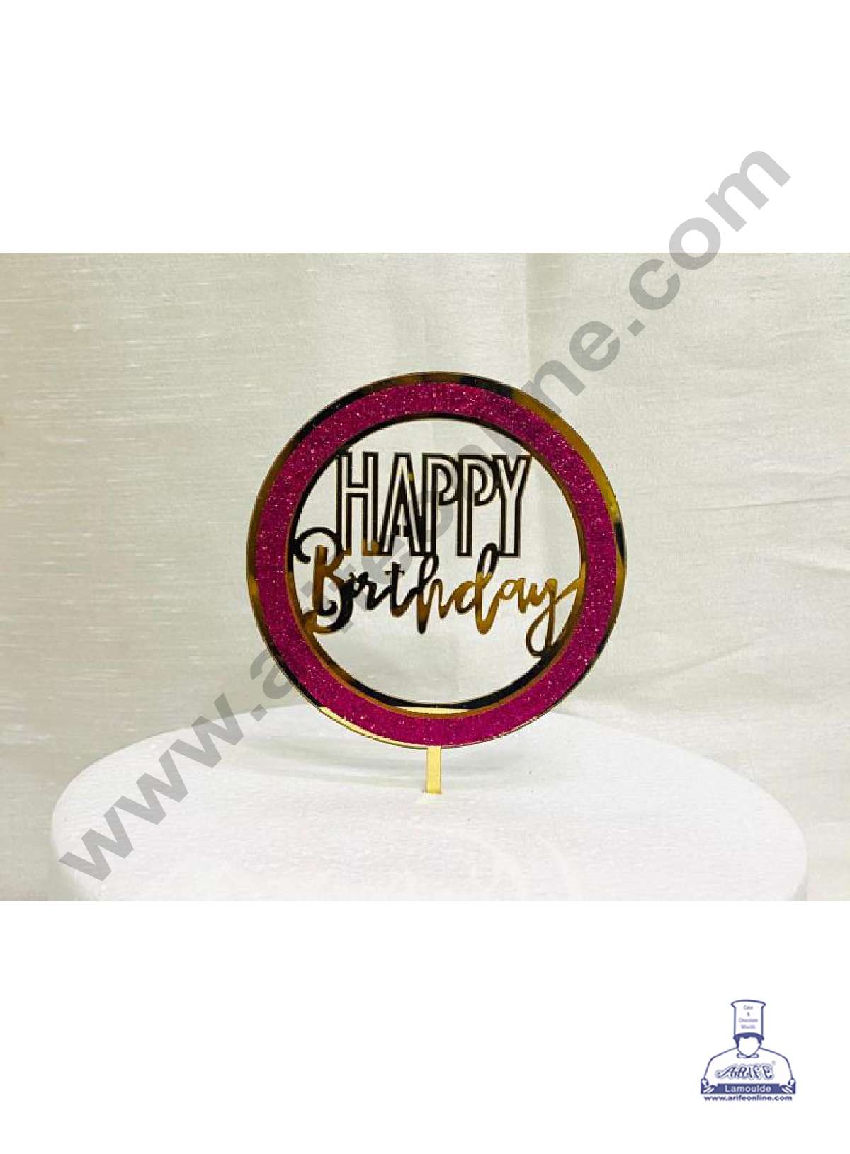 CAKE DECOR™ 5 inch Acrylic Happy Birthday with Pink Glitter Round Frame Cake Topper Cake Decoration Dessert Decoration ( SBMT-G-4006 )