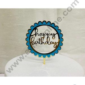 CAKE DECOR™ 5 inch Acrylic Happy Birthday with Light Blue Glitter Frill Round Frame Cake Topper Cake Decoration Dessert Decoration (SBMT-G-4008)