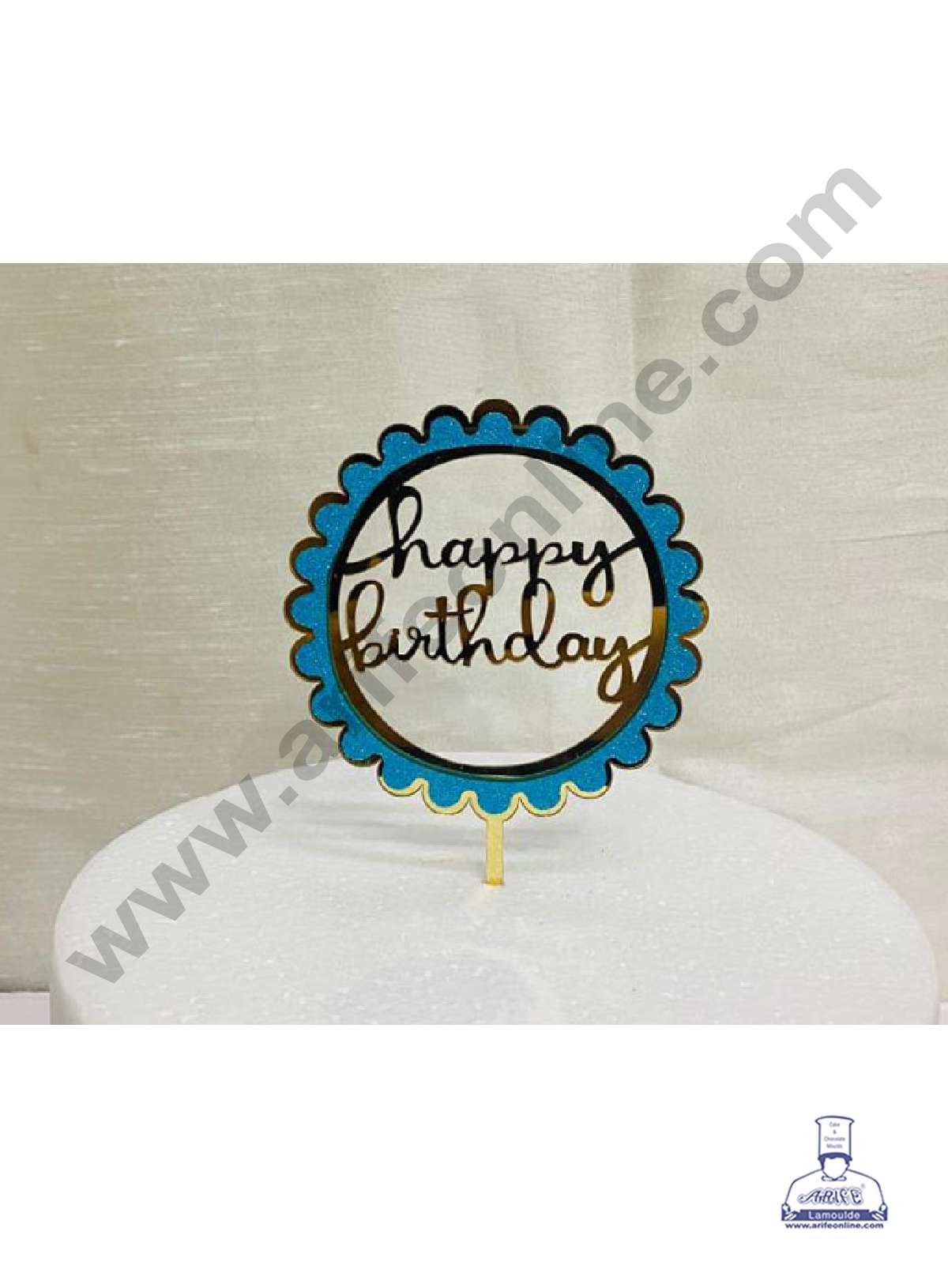 CAKE DECOR™ 5 inch Acrylic Happy Birthday with Light Blue Glitter Frill Round Frame Cake Topper Cake Decoration Dessert Decoration (SBMT-G-4008)