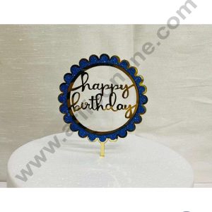 CAKE DECOR™ 5 inch Acrylic Happy Birthday with Dark Blue Glitter Frill Round Frame Cake Topper Cake Decoration Dessert Decoration (SBMT-G-4009)