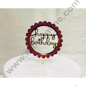 CAKE DECOR™ 5 inch Acrylic Happy Birthday with Pink Glitter Frill Round Frame Cake Topper Cake Decoration Dessert Decoration (SBMT-G-4012)