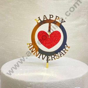 CAKE DECOR™ 5 inch Acrylic Happy Anniversary Round Frame with Hanging Red Glitter Heart Cake Topper Cake Decoration Dessert Decoration (SBMT-G-4013)