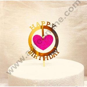 CAKE DECOR™ 5 inch Acrylic Happy Birthday Round Frame with Hanging Pink Glitter Heart Cake Topper Cake Decoration Dessert Decoration (SBMT-G-4014)