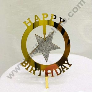 CAKE DECOR™ 5 inch Acrylic Happy Birthday Round Frame with Hanging Silver Glitter Star Cake Topper Cake Decoration Dessert Decoration (SBMT-G-4015)