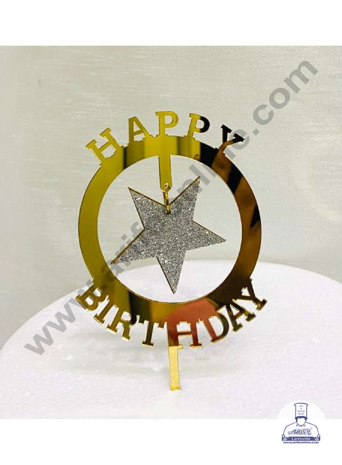 CAKE DECOR™ 5 inch Acrylic Happy Birthday Round Frame with Hanging Silver Glitter Star Cake Topper Cake Decoration Dessert Decoration (SBMT-G-4015)