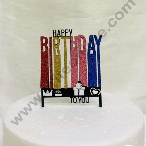 CAKE DECOR™ 5 inch Black Acrylic Happy Birthday with MultiColor Glitter with Gifts, Cake, Heart & Crown Cake Topper Cake Decoration Dessert Decoration (SBMT-G-4017-B)