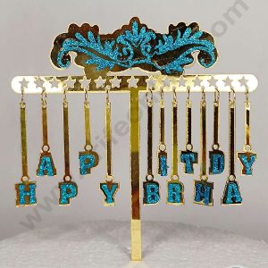 CAKE DECOR™ 5 inch Acrylic Hanging Happy Birthday Blue Glitter Heart Cake Topper Cake Decoration (SBMT-G-4018)
