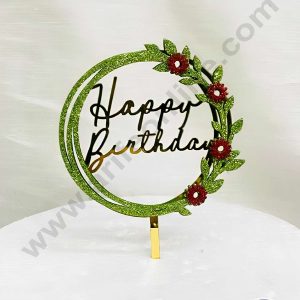 CAKE DECOR™ 5 inch Acrylic Happy Birthday in Green Glitter Round Frame with Red Glitter Flower Cake Topper(SBMT-G-4023)