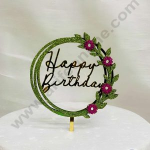 CAKE DECOR™ 5 inch Acrylic Happy Birthday in Green Glitter Round Frame with Pink Glitter Flower Cake Topper(SBMT-G-4024)