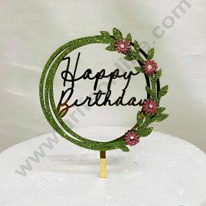 CAKE DECOR™ 5 inch Acrylic Happy Birthday in Green Glitter Round Frame with Light Pink Glitter Flower Cake Topper(SBMT-G-4025)