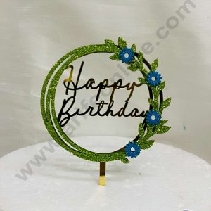 CAKE DECOR™ 5 inch Acrylic Happy Birthday in Green Glitter Round Frame with Blue Glitter Flower Cake Topper(SBMT-G-4026)