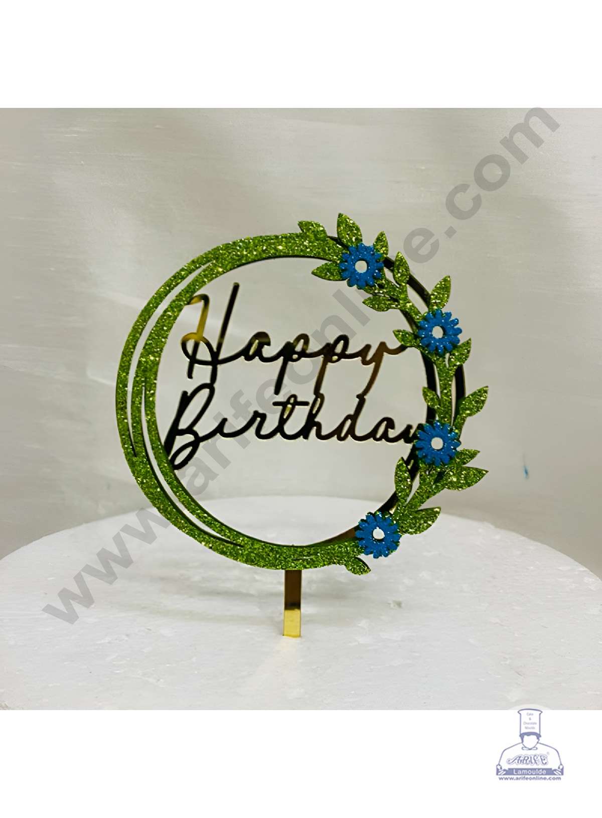 CAKE DECOR™ 5 inch Acrylic Happy Birthday in Green Glitter Round Frame with Blue Glitter Flower Cake Topper(SBMT-G-4026)