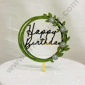 CAKE DECOR™ 5 inch Acrylic Happy Birthday in Green Glitter Round Frame with Silver Glitter Flower Cake Topper(SBMT-G-4027)