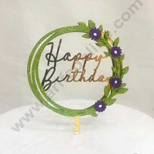 CAKE DECOR™ 5 inch Acrylic Happy Birthday in Green Glitter Round Frame with Purple Glitter Flower Cake Topper(SBMT-G-4028)