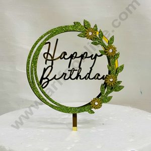 CAKE DECOR™ 5 inch Acrylic Happy Birthday in Green Glitter Round Frame with Yellow Glitter Flower Cake Topper(SBMT-G-4029)