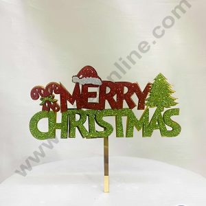 CAKE DECOR™ 5 inch Glitter Acrylic Merry Christmas Red Green with J Stick & Tree Cake Topper Cake Decoration (SBMT-G-6050)