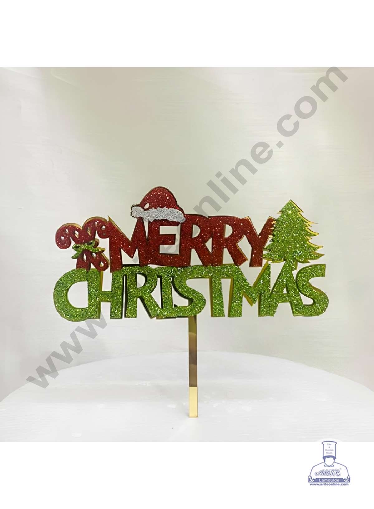 CAKE DECOR™ 5 inch Glitter Acrylic Merry Christmas Red Green with J Stick & Tree Cake Topper Cake Decoration (SBMT-G-6050)