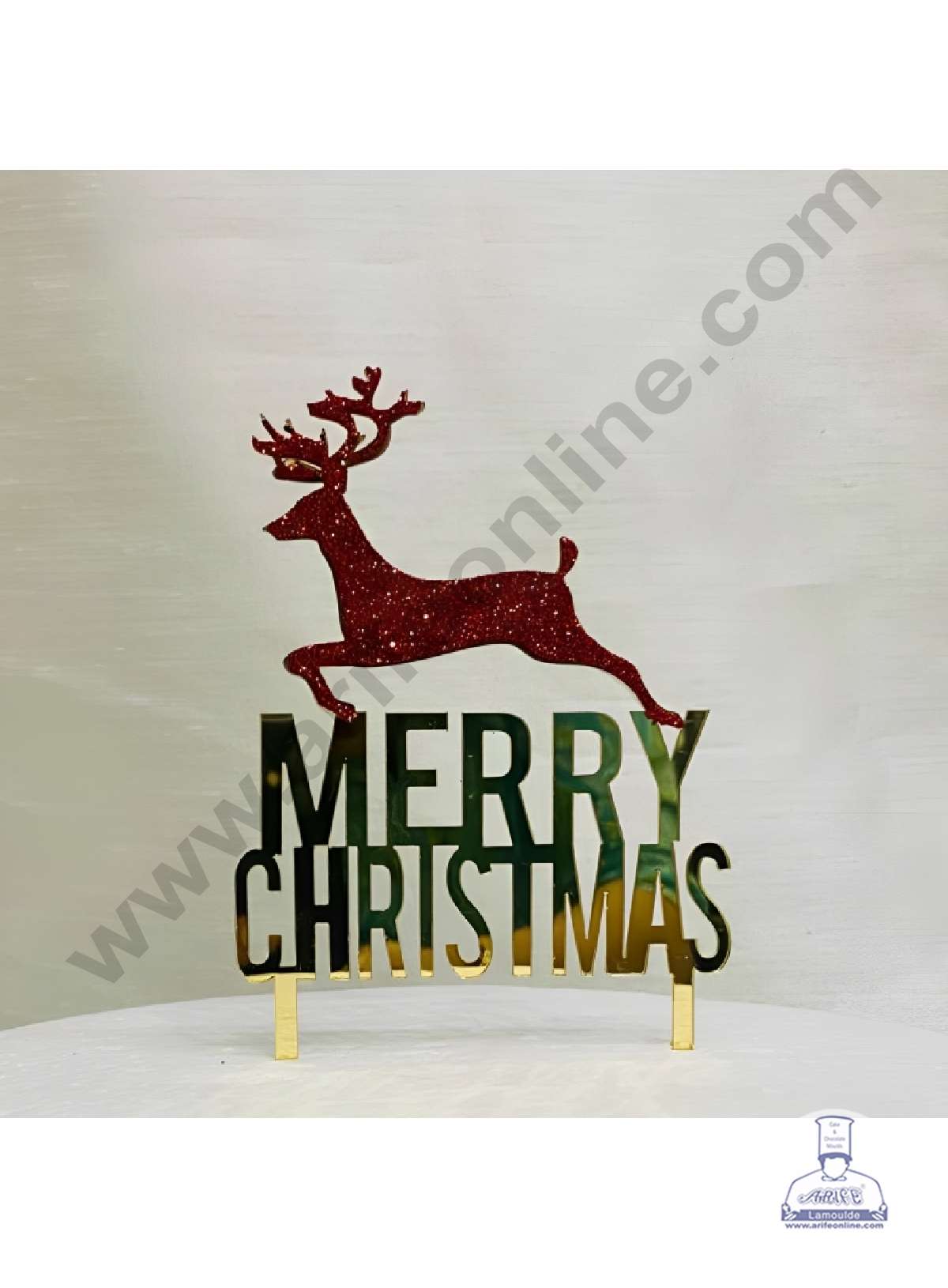 CAKE DECOR™ 5 inch Glitter Acrylic Merry Christmas Red Reindeer Cake Topper Cake Decoration (SBMT-G-6051)
