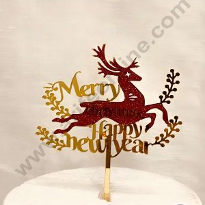 CAKE DECOR™ 5 inch Glitter Acrylic Merry Christmas Red Reindeer & Happy New Year Cake Topper Cake Decoration (SBMT-G-6052)