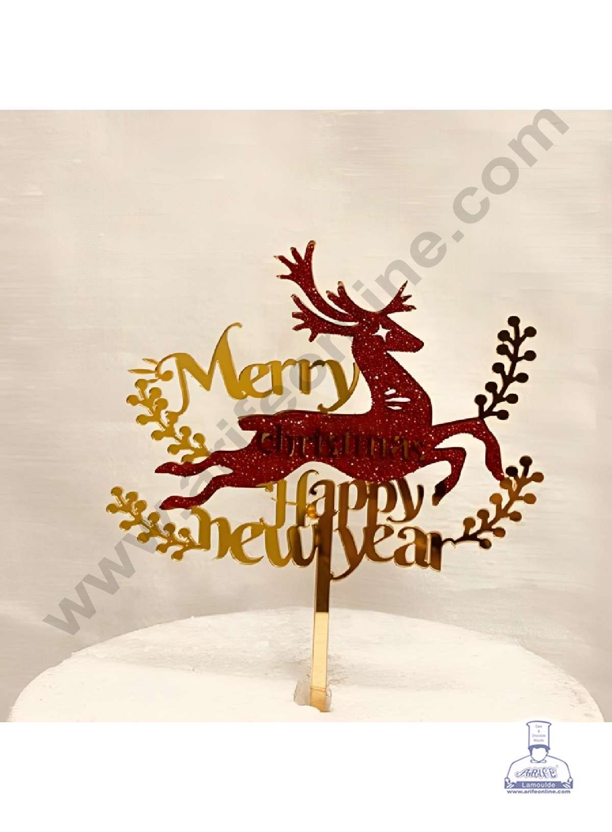 CAKE DECOR™ 5 inch Glitter Acrylic Merry Christmas Red Reindeer & Happy New Year Cake Topper Cake Decoration (SBMT-G-6052)