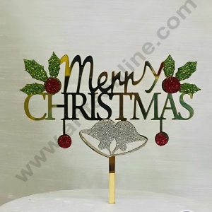 CAKE DECOR™ 5 inch Acrylic Merry Christmas with Glitter Bells, Leaf & Cherry Cake Topper Cake Decoration (SBMT-G-6057)