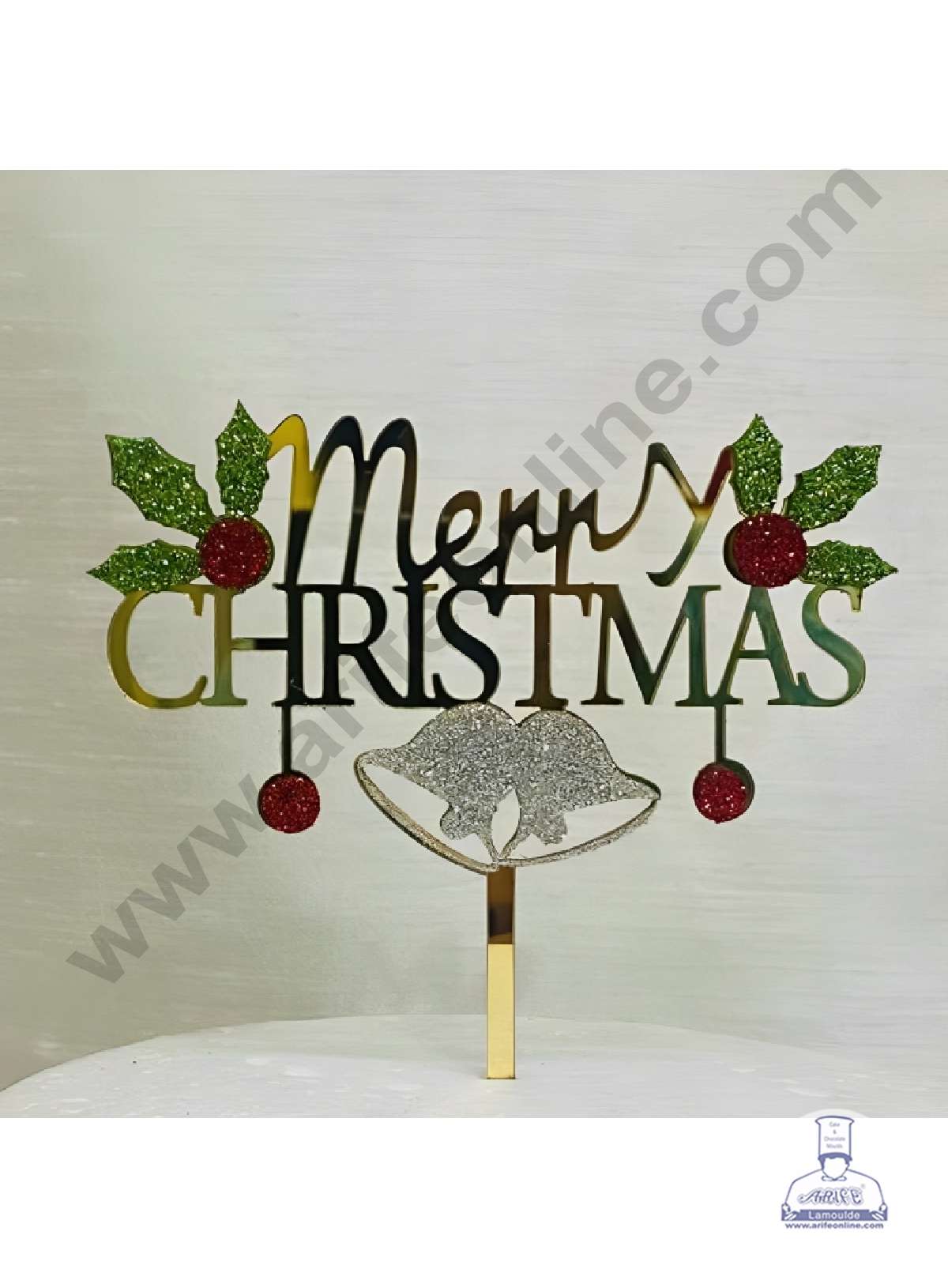 CAKE DECOR™ 5 inch Acrylic Merry Christmas with Glitter Bells, Leaf & Cherry Cake Topper Cake Decoration (SBMT-G-6057)