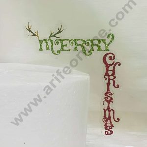 CAKE DECOR™ 5 inch Acrylic Vertical Glitter Merry Christmas with Reindeer Horns Cake Topper Cake Decoration (SBMT-G-6058)