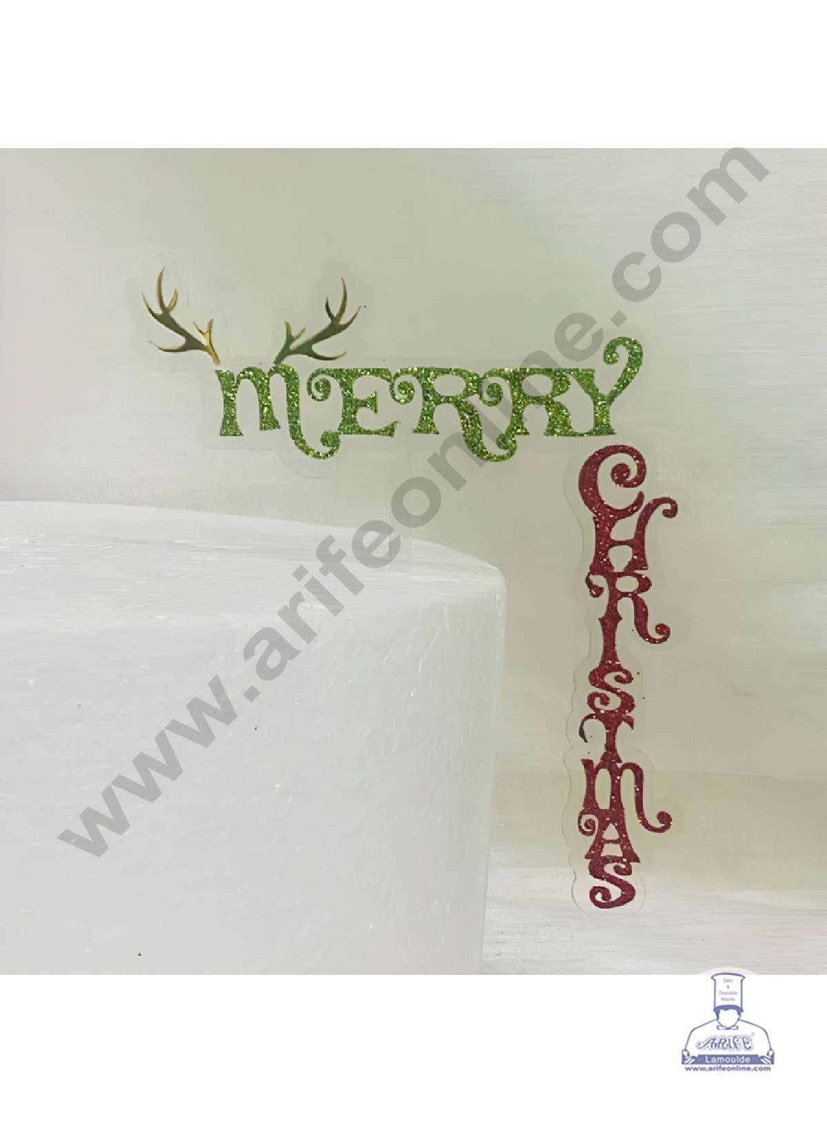 CAKE DECOR™ 5 inch Acrylic Vertical Glitter Merry Christmas with Reindeer Horns Cake Topper Cake Decoration (SBMT-G-6058)