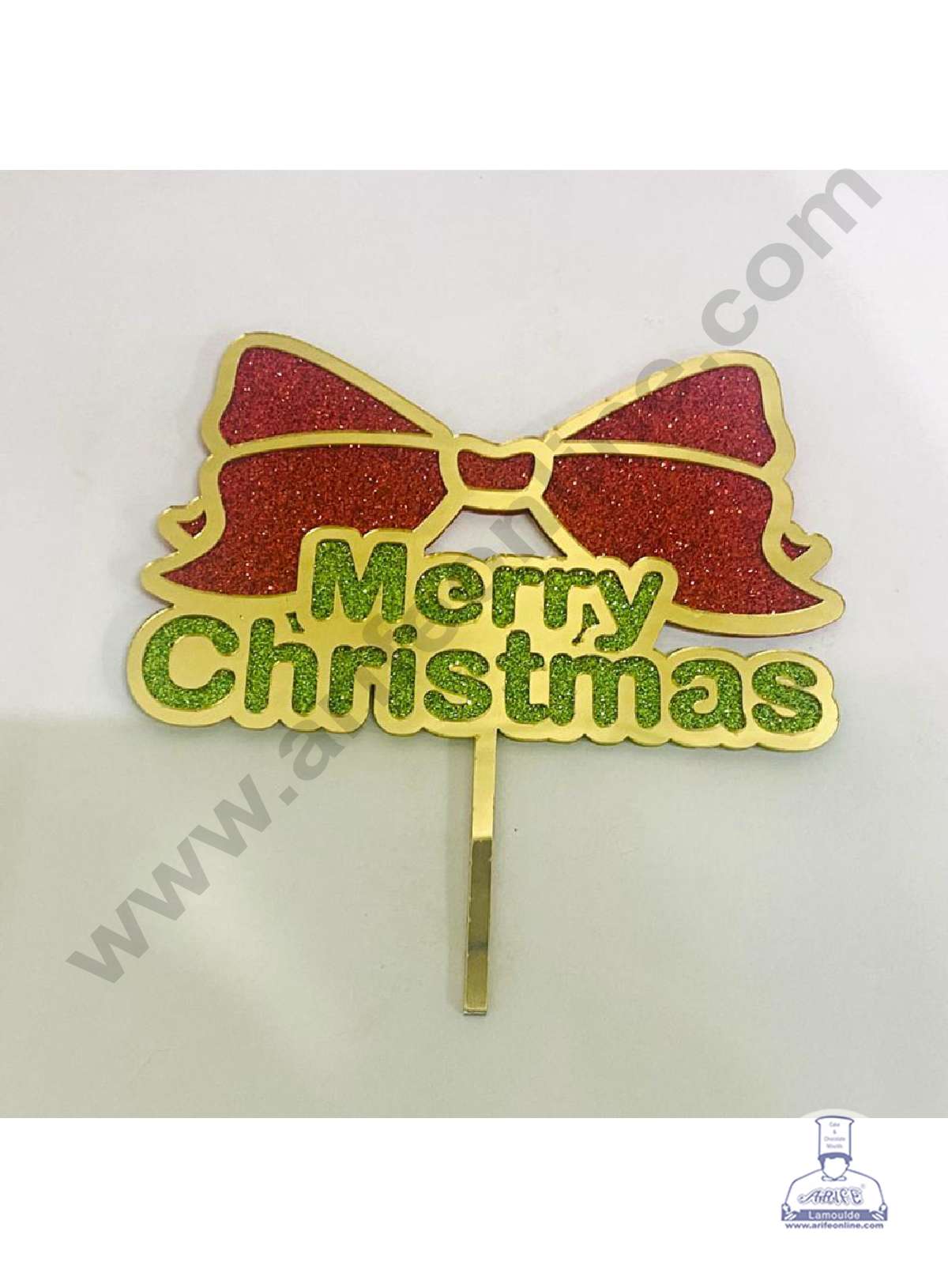 CAKE DECOR™ 5 inch Acrylic Glitter Merry Christmas with Bow Cake Topper Cake Decoration (SBMT-G-6060)