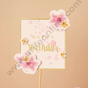 CAKE DECOR™ 5 Inch Imported Printed Cake and Cupcake Topper - Happy Birthday Floral Rectangle (SBMT-IMP-030)